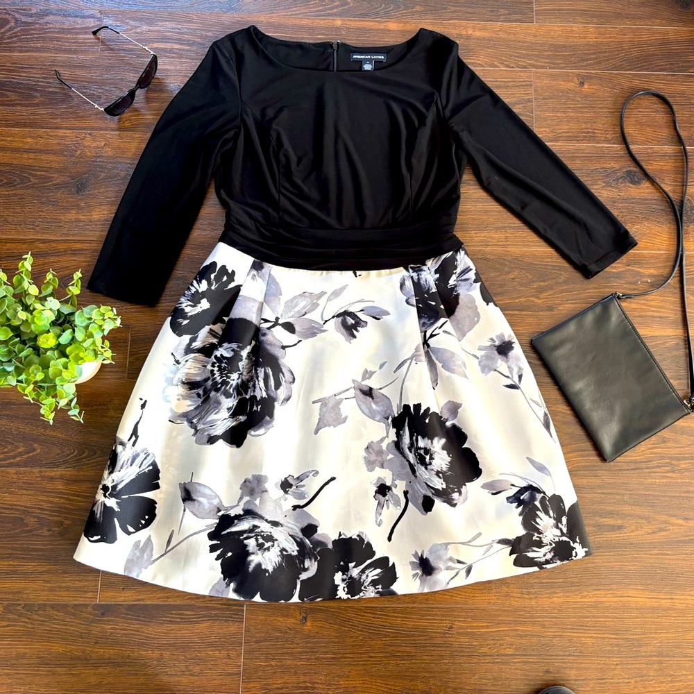 👗 American Living Black and White Floral A-Line Dress